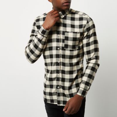 Cream casual check muscle fit shirt
